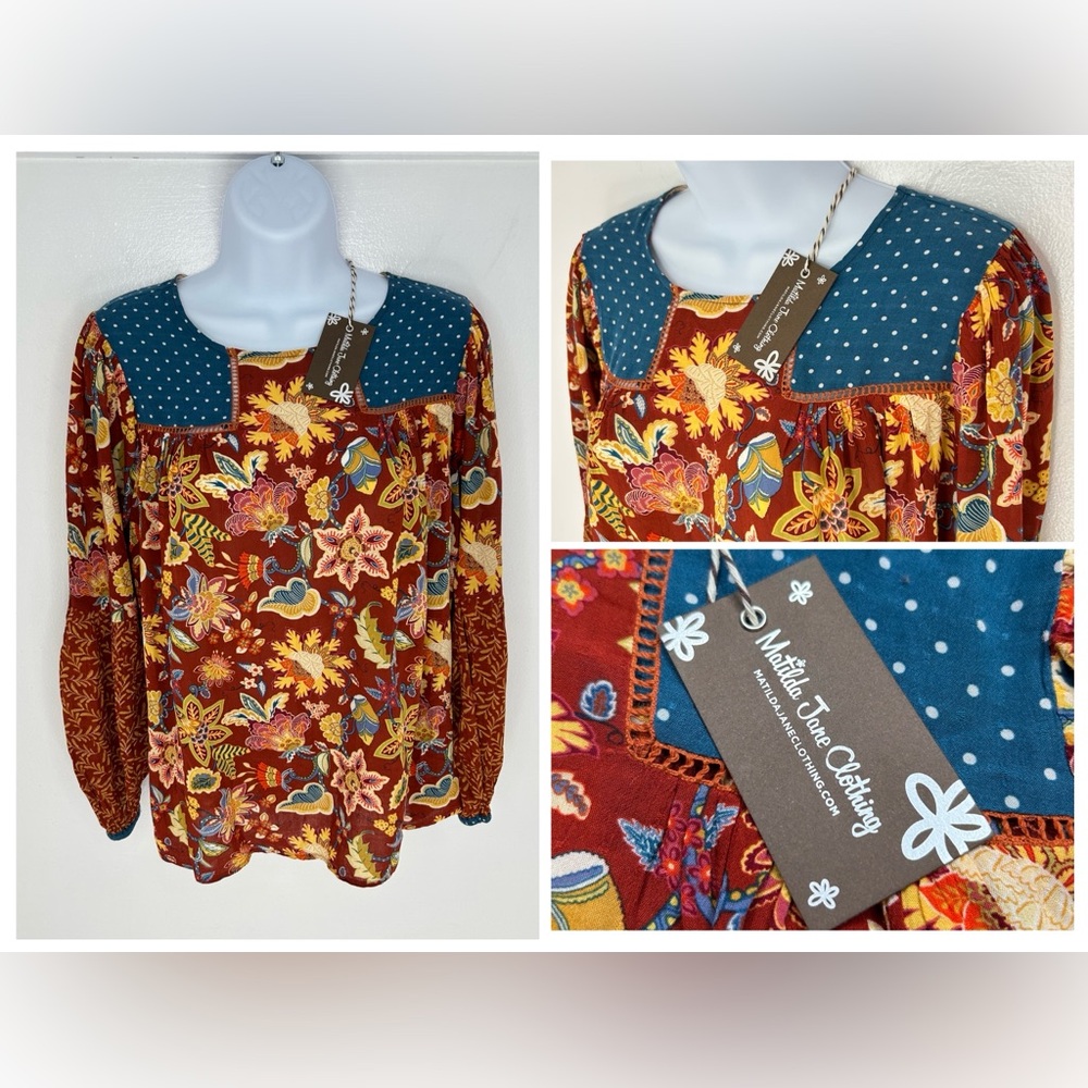 Matilda Jane NWT Floral Top Size XS Garden Mums Floral Peasant Blouse Boho NEW
